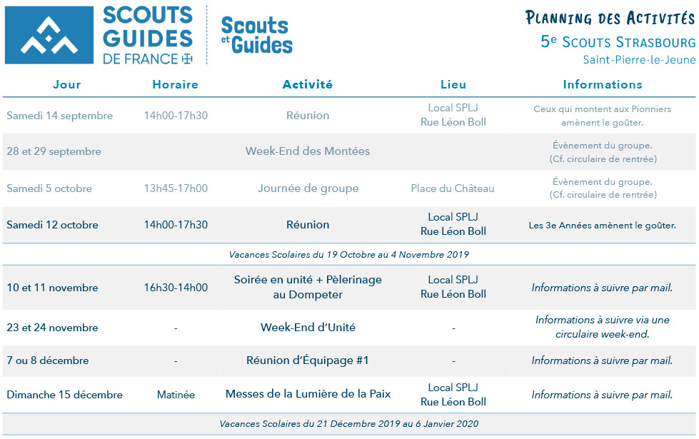 Planning scouts 1er trimestre 2019-2020